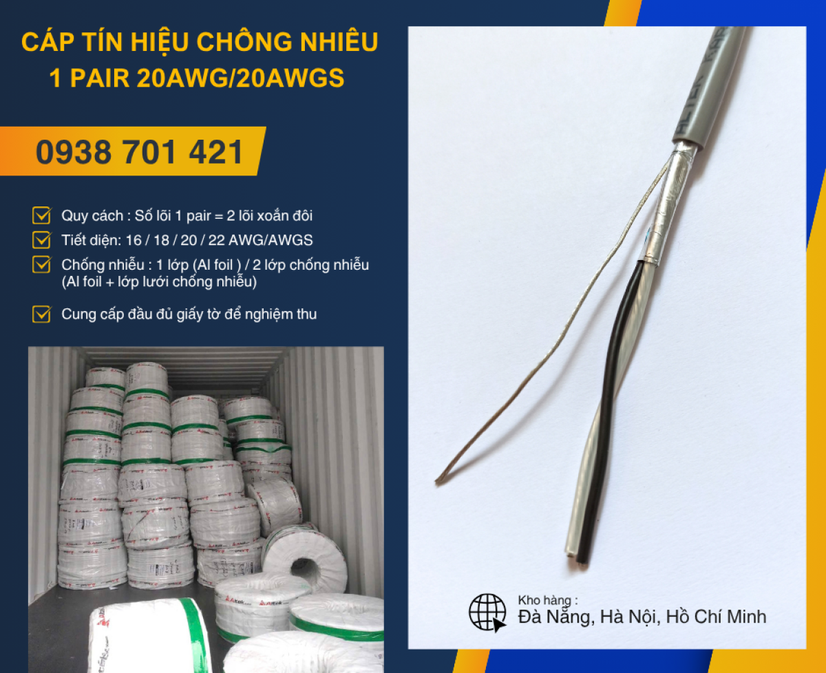 Cáp tín hiệu chống nhiễu 1 Pair 20AWG/20AWGS – Hàng sẵn kho, giá tốt Đà Nẵng, Huế
