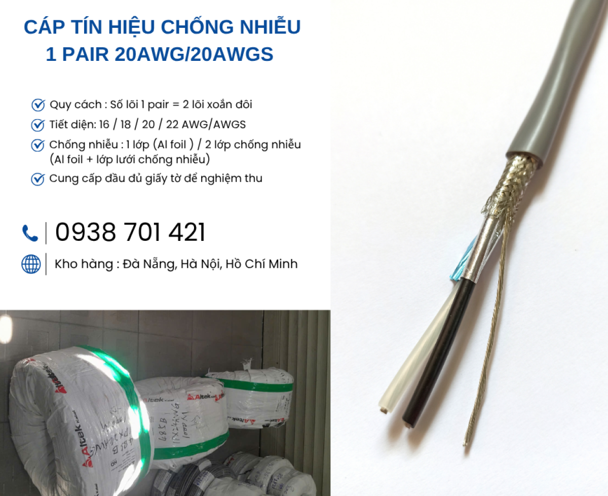 Cáp tín hiệu chống nhiễu 1 Pair 20AWG/20AWGS – Hàng sẵn kho, giá tốt Đà Nẵng, Huế