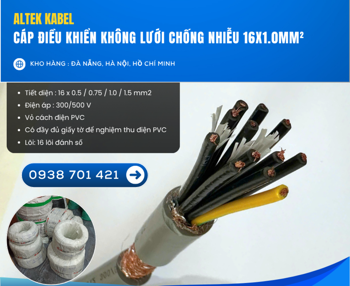 Cáp điều khiển không lưới chống nhiễu 16x1.0mm² – Hàng sẵn kho Đà Nẵng, HN, HCM