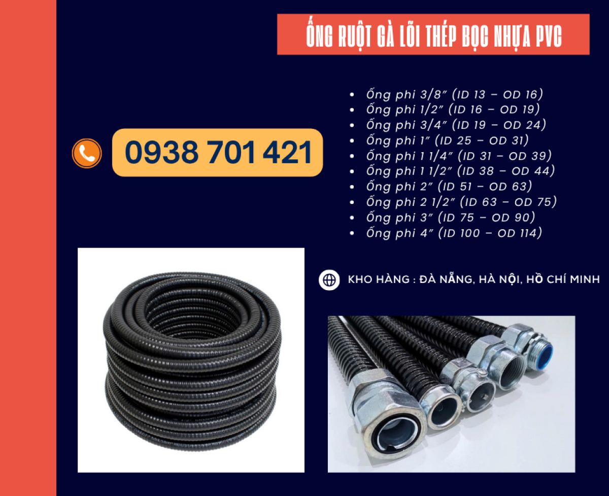 Ống ruột gà thép bọc nhựa PVC dùng cho tủ điện và máy móc Gia Lai, Bình Định, Huế