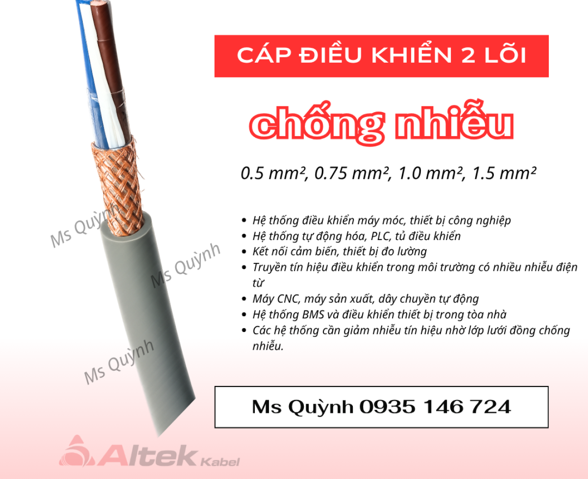 Cáp điều khiển 2 lõi 2x0.5, 2x0.75, 2x1.0, 2x1.5 Altek Kabel
