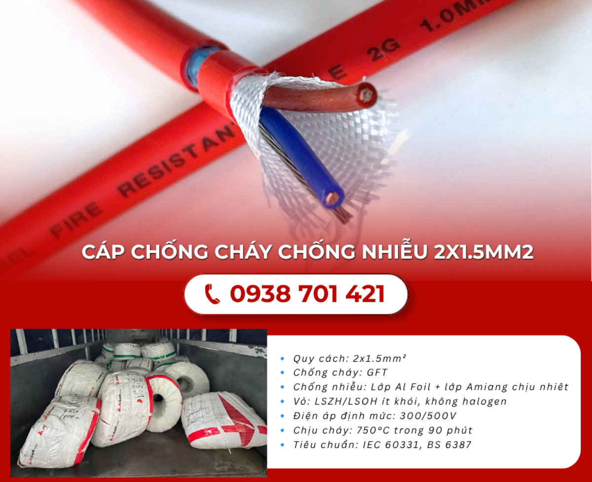 Cáp chống cháy chống nhiễu 2x1.5mm² cho hệ thống PCCC Hồ Chí Minh, Gia Lai