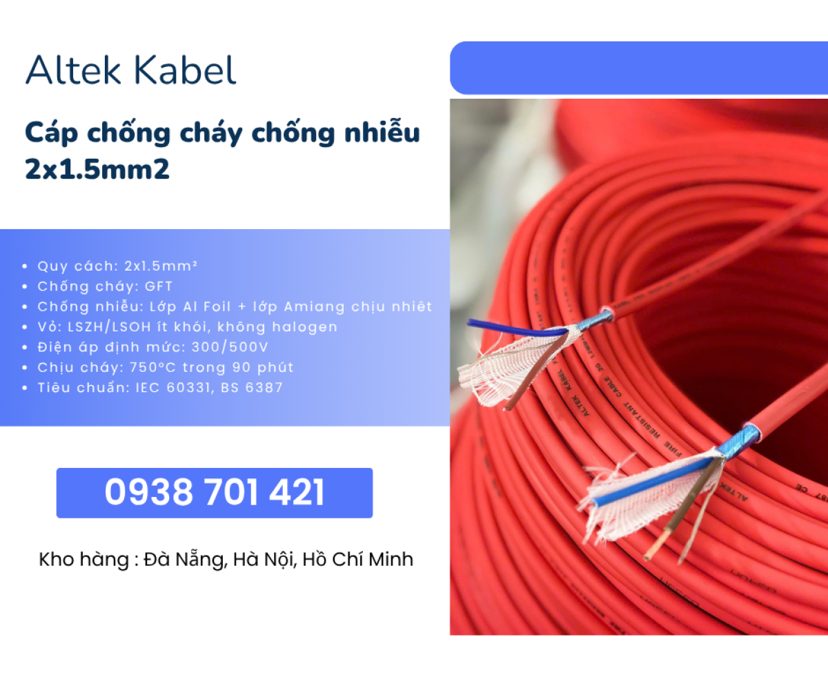 Cáp chống cháy chống nhiễu 2x1.5mm² cho hệ thống PCCC Hồ Chí Minh, Gia Lai