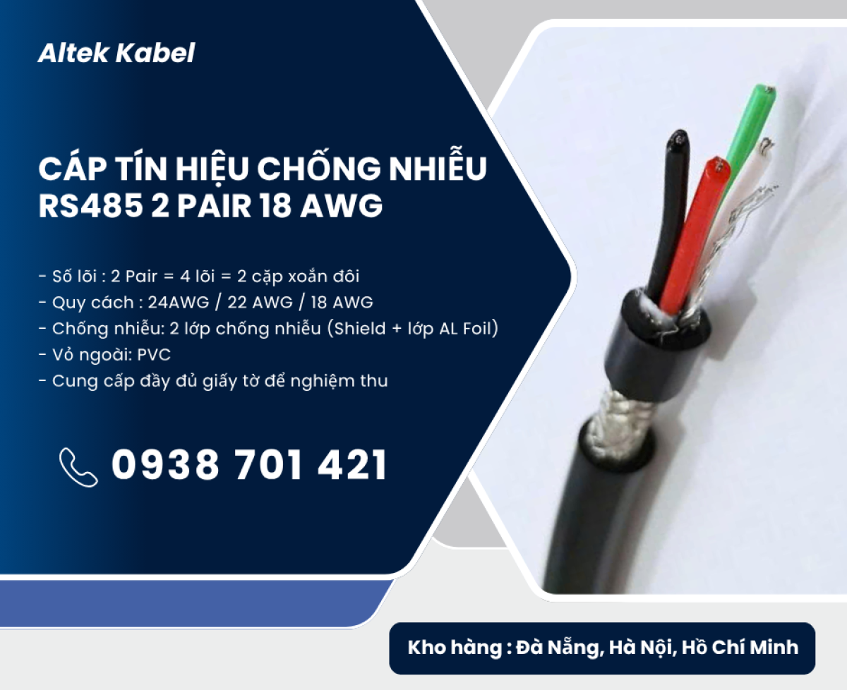 Cáp tín hiệu chống nhiễu RS485 2 Pair 18AWG phân phối Hà Nội, Hải Phòng, Hải Dương