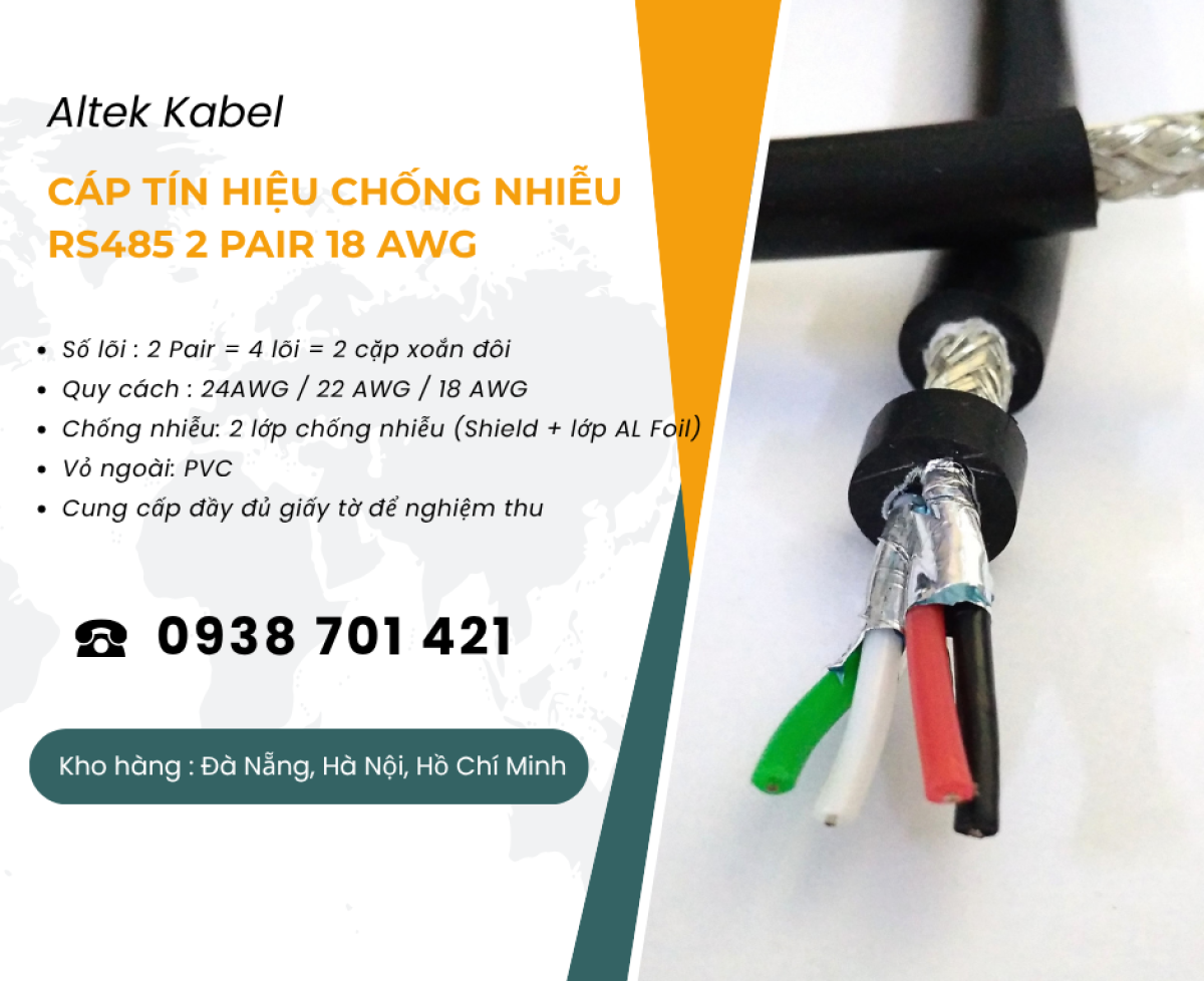 Cáp tín hiệu chống nhiễu RS485 2 Pair 18AWG phân phối Hà Nội, Hải Phòng, Hải Dương