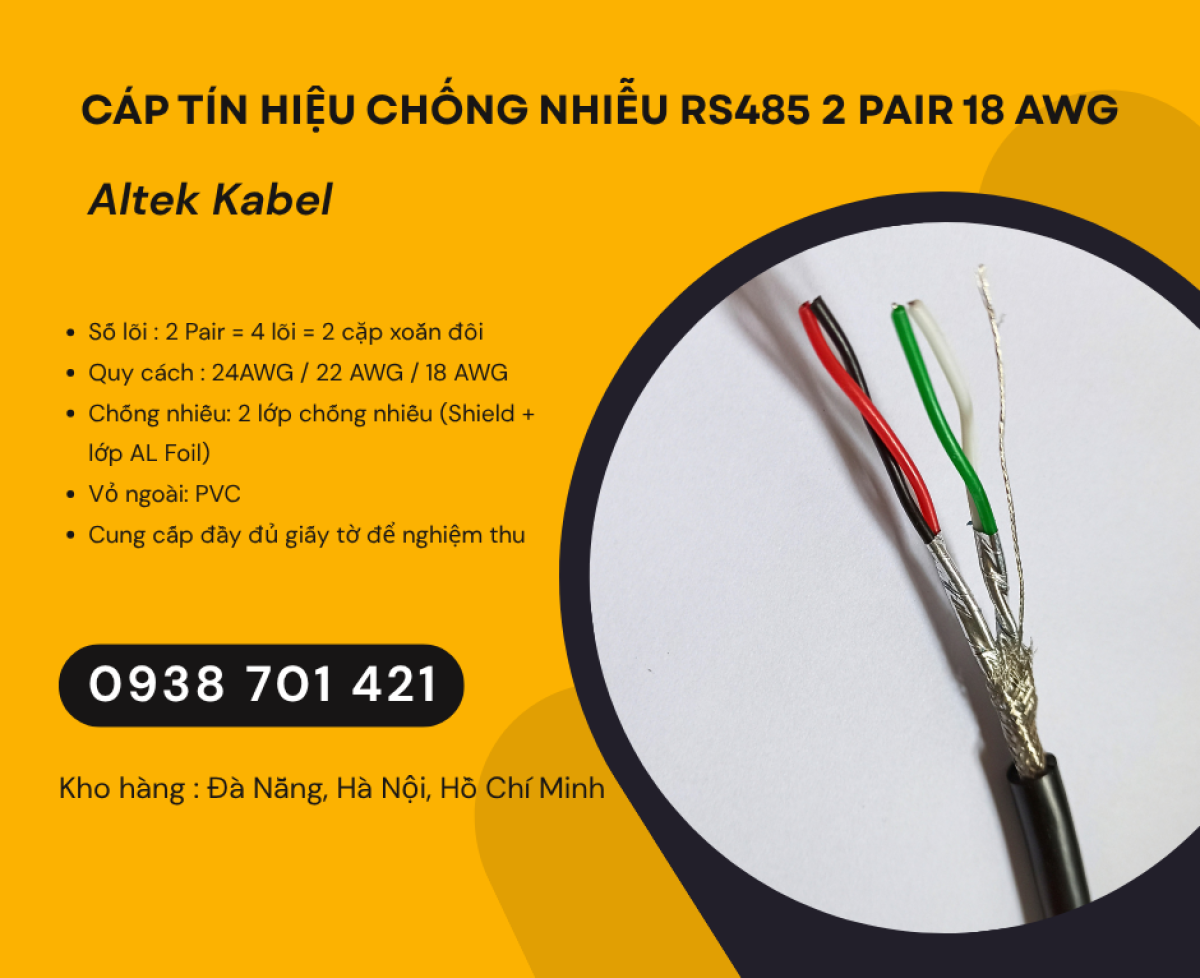 Cáp tín hiệu chống nhiễu RS485 2 Pair 18AWG phân phối Hà Nội, Hải Phòng, Hải Dương