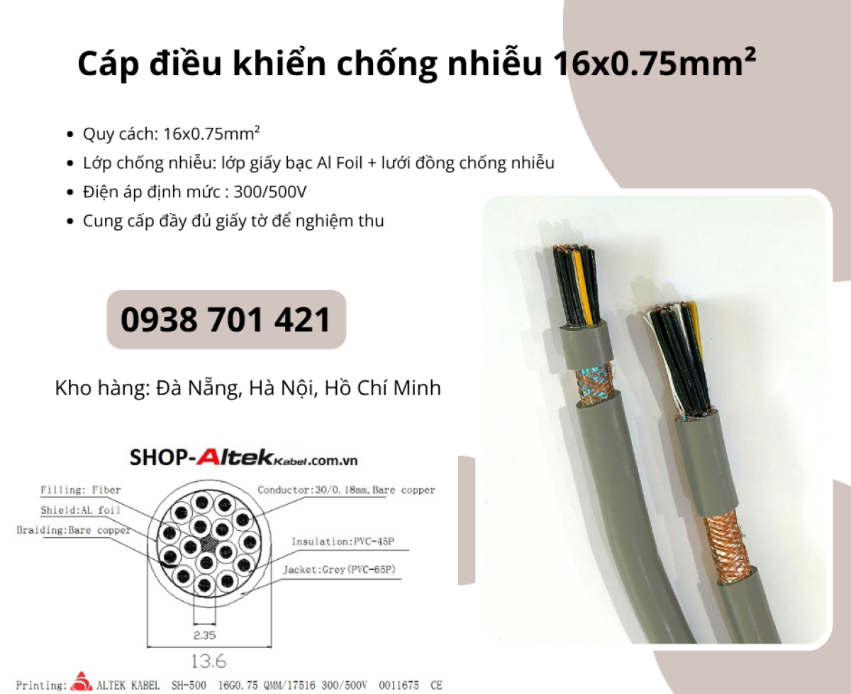 Cáp điều khiển chống nhiễu 16x0.75mm² Altek Kabel Quảng Trị, Huế, Nghệ An
