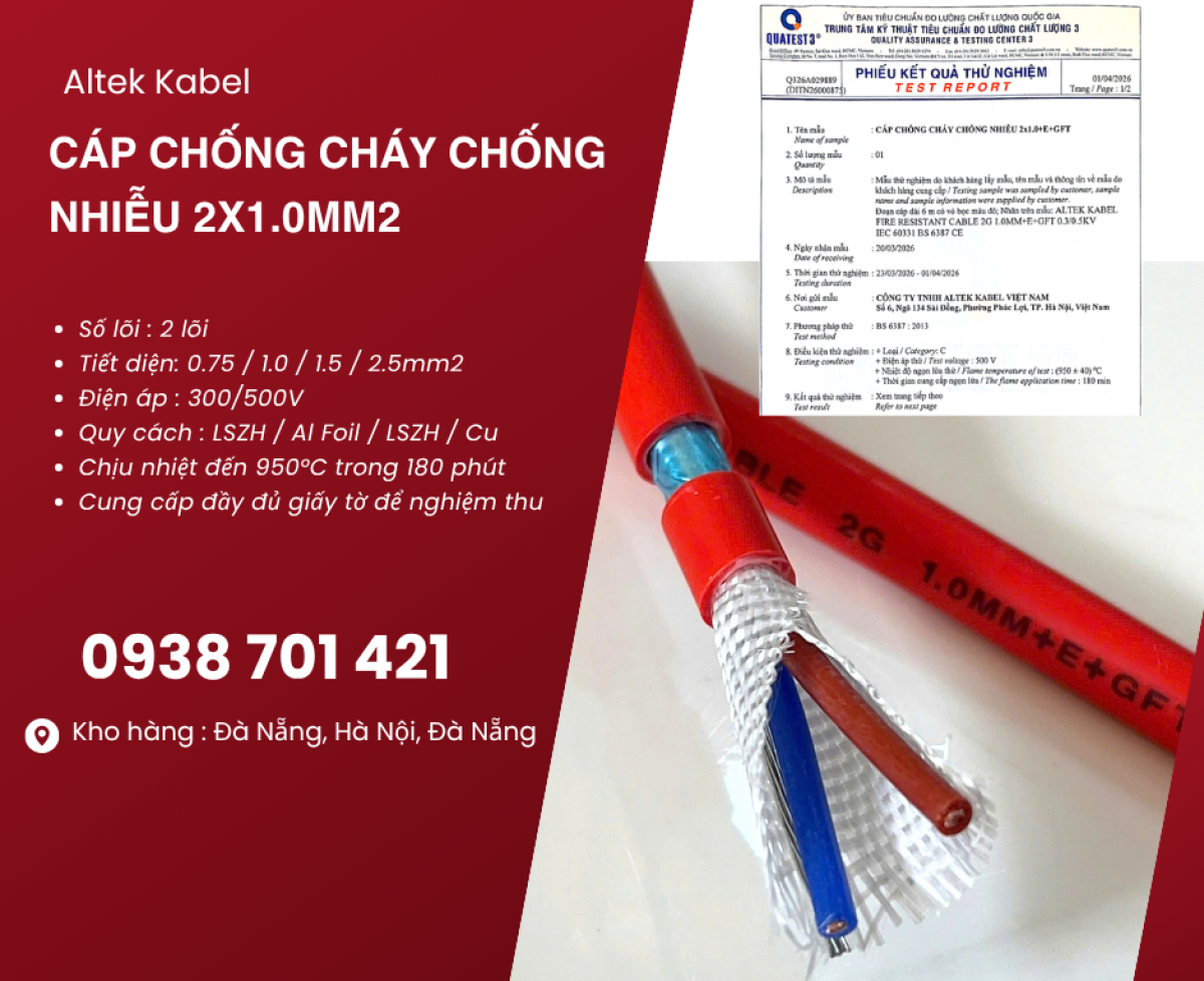 Cáp chống cháy chống nhiễu 2x1.0mm² sẵn kho, phân phối toàn quốc