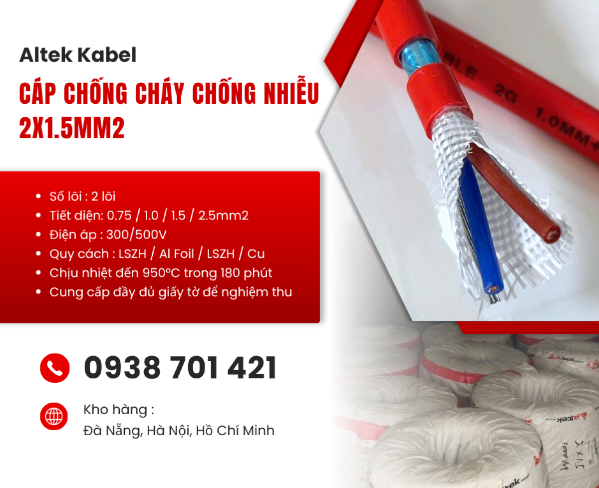 Cáp chống cháy chống nhiễu 2x1.5mm² Altek Kabel FR215GFT – Cáp chống cháy cho hệ thống báo cháy