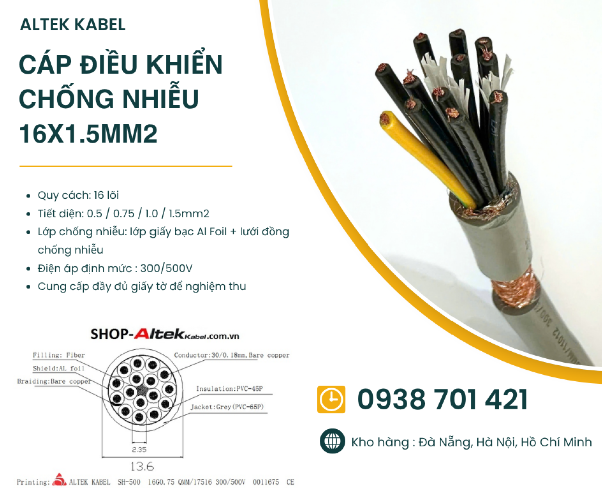 Cáp điều khiển chống nhiễu 16x1.5mm² Altek Kabel SH-11516 – Cáp điều khiển 16 lõi có lưới chống nhiễu