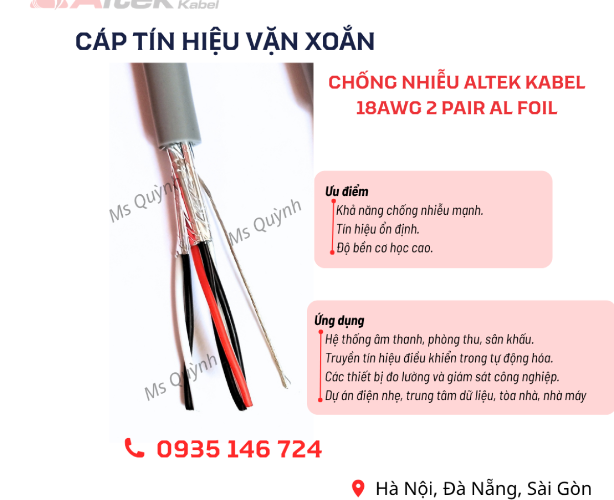 Cáp tín hiệu vặn xoắn chống nhiễu Altek Kabel 18AWG 2 Pair AL Foil
