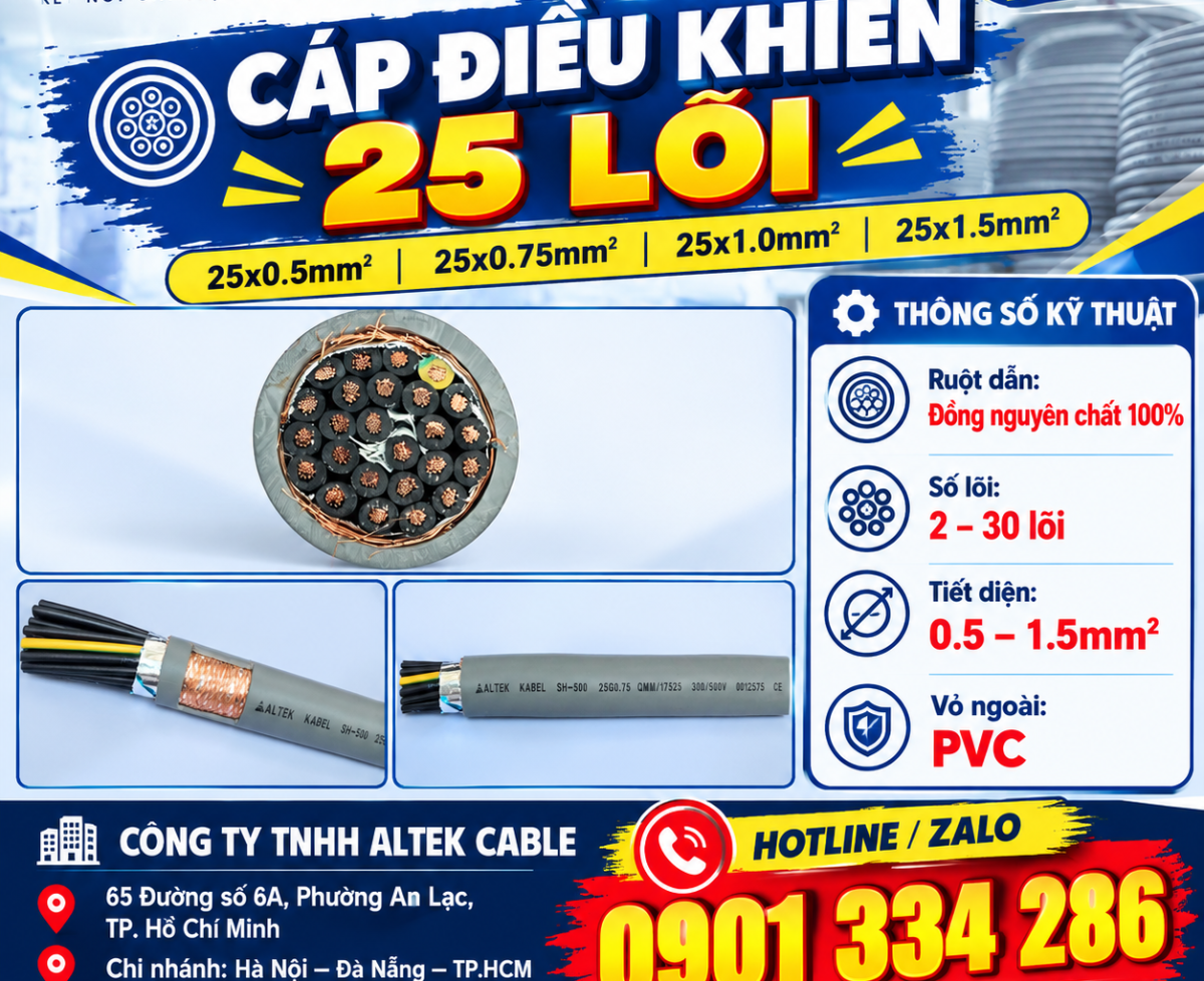 Cáp Điều Khiển 25x0.5mm², 25x0.75mm², 25x1.0mm², 25x1.5mm² ALTEK KABEL