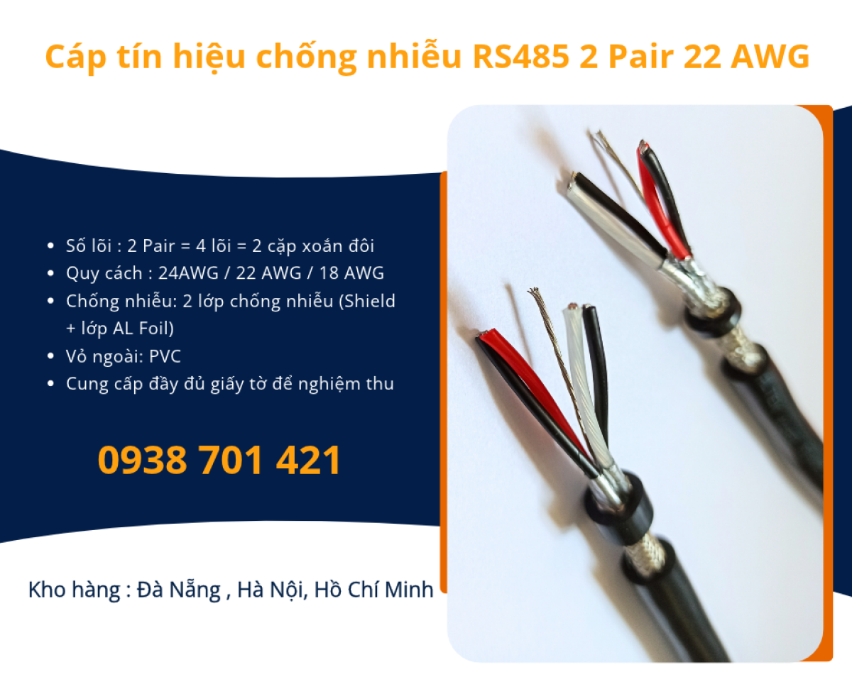 Cáp tín hiệu chống nhiễu RS485 2 Pair 22AWG sẵn kho phân phối Đà Nẵng, Nghệ An