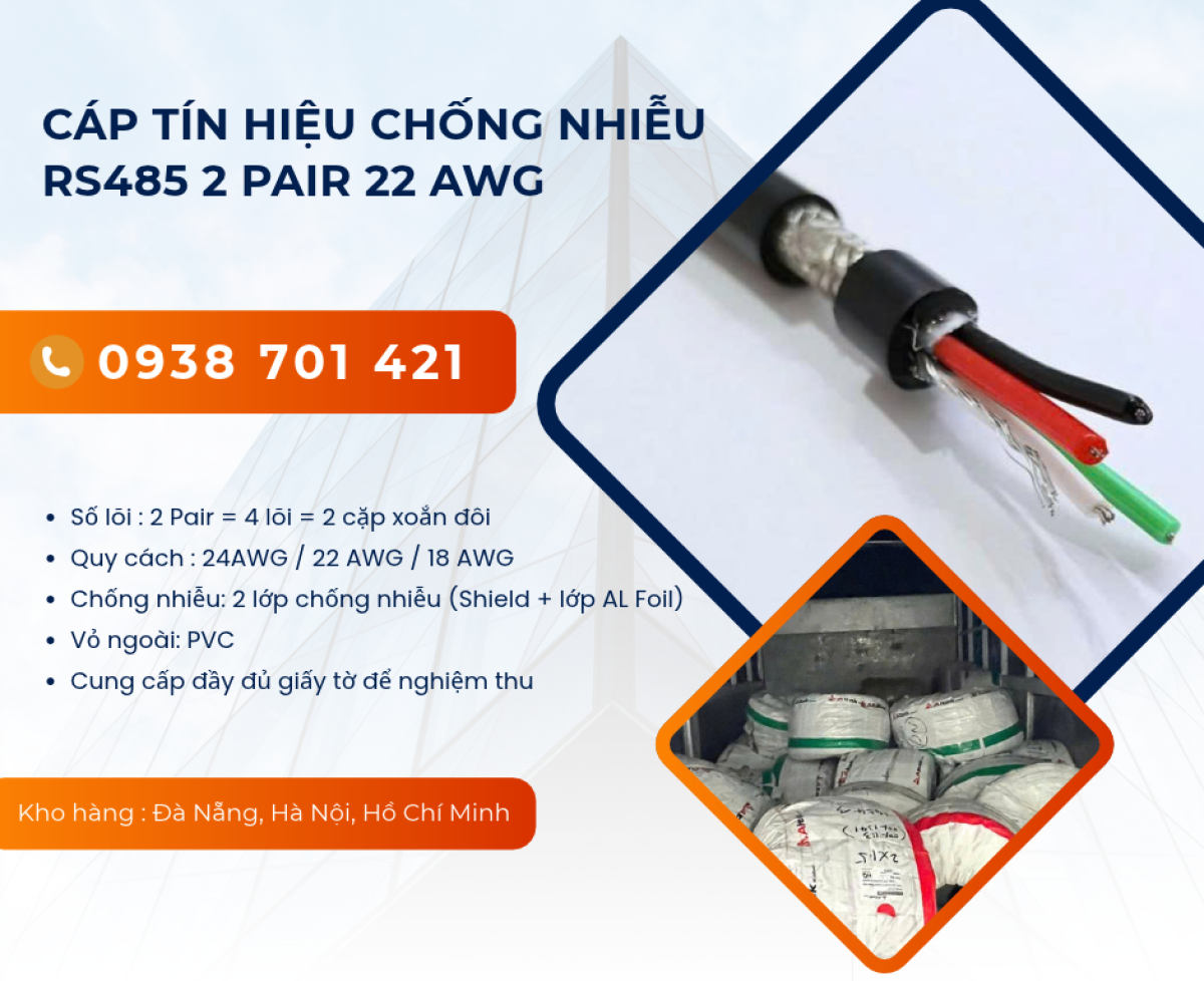 Cáp tín hiệu chống nhiễu RS485 2 Pair 22AWG sẵn kho phân phối Đà Nẵng, Nghệ An