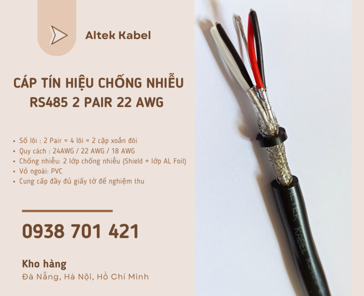 Cáp tín hiệu chống nhiễu RS485 2 Pair 22AWG sẵn kho phân phối Đà Nẵng, Nghệ An