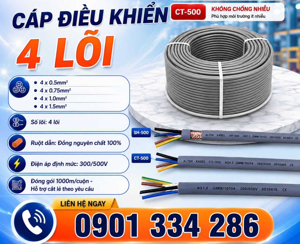 Cáp Điều Khiển 4x0.5mm², 4x0.75mm², 4x1.0mm², 4x1.5mm² ALTEK KABEL